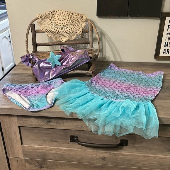 EUC! BMAGICAL BY BTWEEN SIZE 4 MERMAID 3 PIECE SWIM SET SKIRT HAS TULLE RUFFLE
